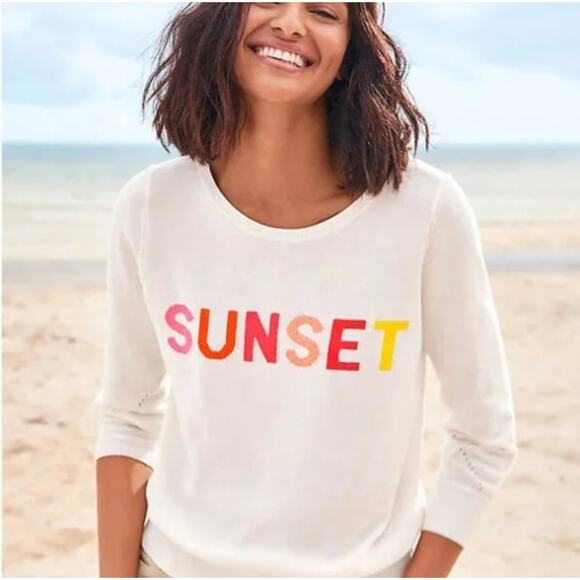 New LOFT Small S Cream Sunset Linen Sweater 3/4 Sleeve Crew Neck Lightweight - Picture 10 of 11